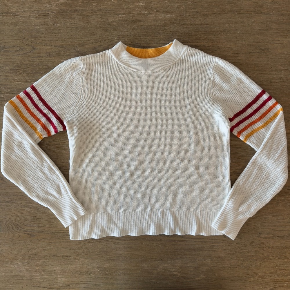 Faherty Throwback Striped Sleeve Retro Crewneck Sweater-Cream-Cashmere Blend-Med